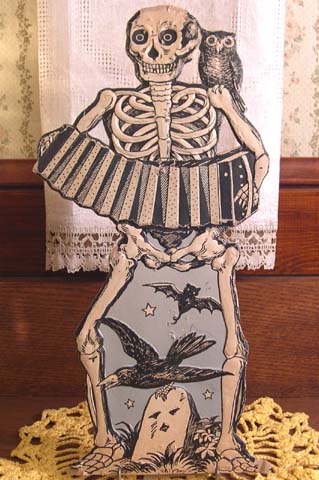 EXCEEDINGLY RARE Vintage Halloween Skeleton Accordion Band Member Diecut Germany, Authentic “Inner Sanctum” Decoration 1930s Hard-to-find: $909.00