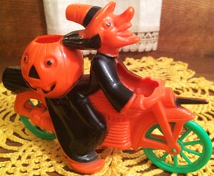 Vintage Halloween Hard Plastic Witch On Motorcycle, Tico Toys/Rosbro Early 1950s: $365.00